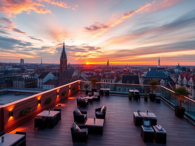 Panorama urbain depuis la terrasse rooftop Mesa avec vue dégagée sur les toits de Lille au coucher de soleil
